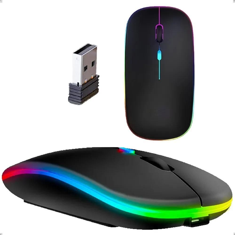 Mouse Sem Fio Recarregável Wireles Optico Led Rgb Ergonô Pre