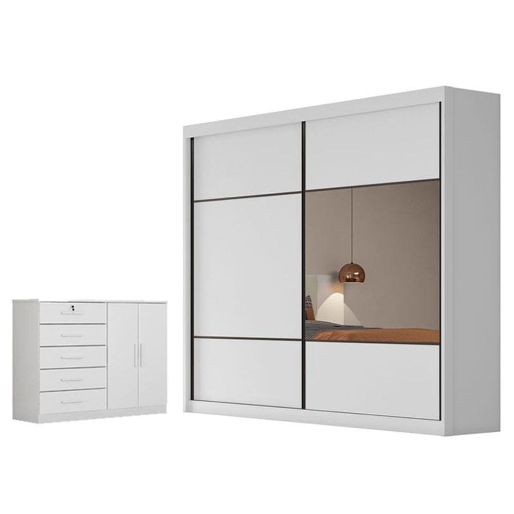 Guarda Roupa Casal Belmonte com Espelho e Cômoda Seul Neve - Novo Horizonte