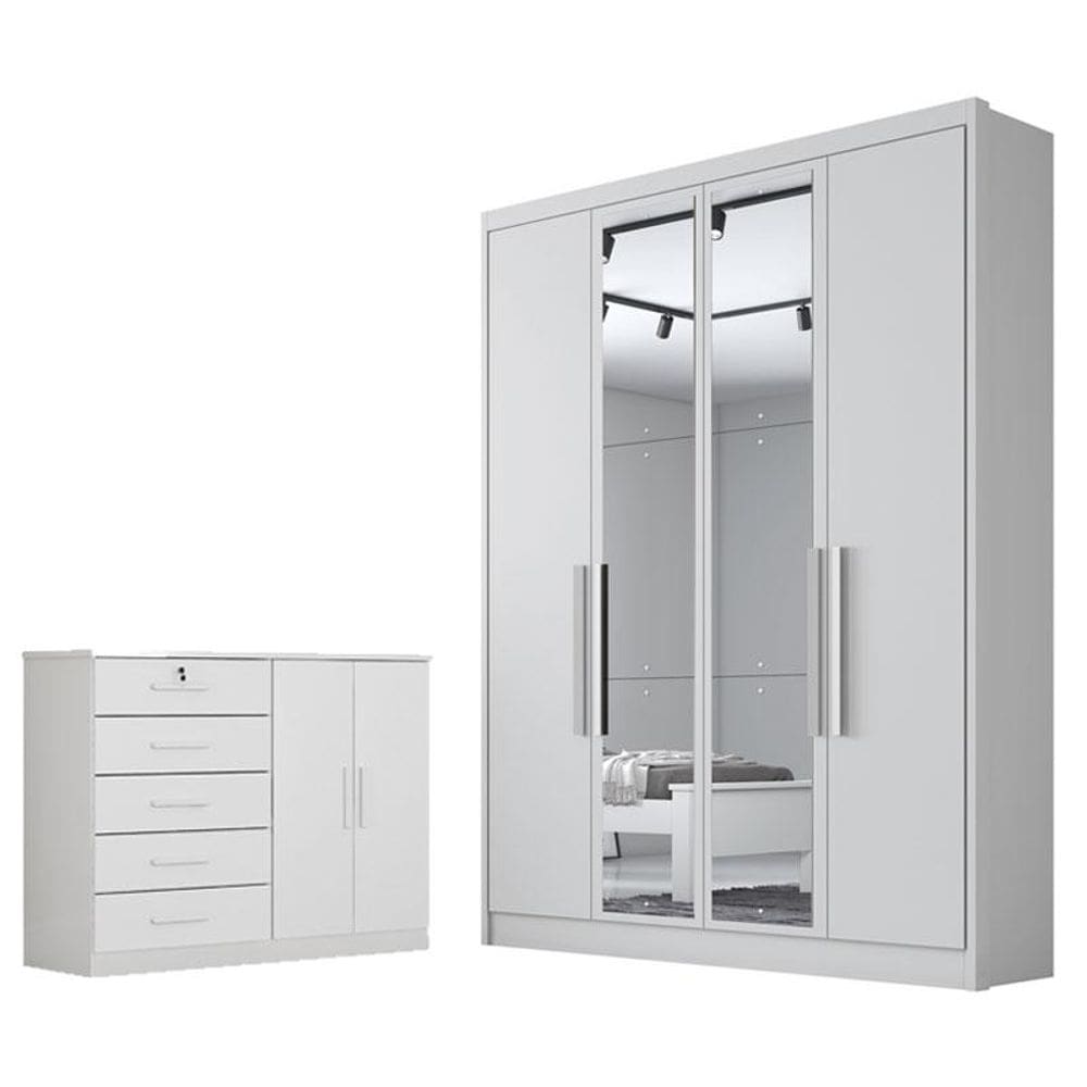 Guarda Roupa Solteiro Sevilha com Espelho e Cômoda Seul Neve - Novo Horizonte