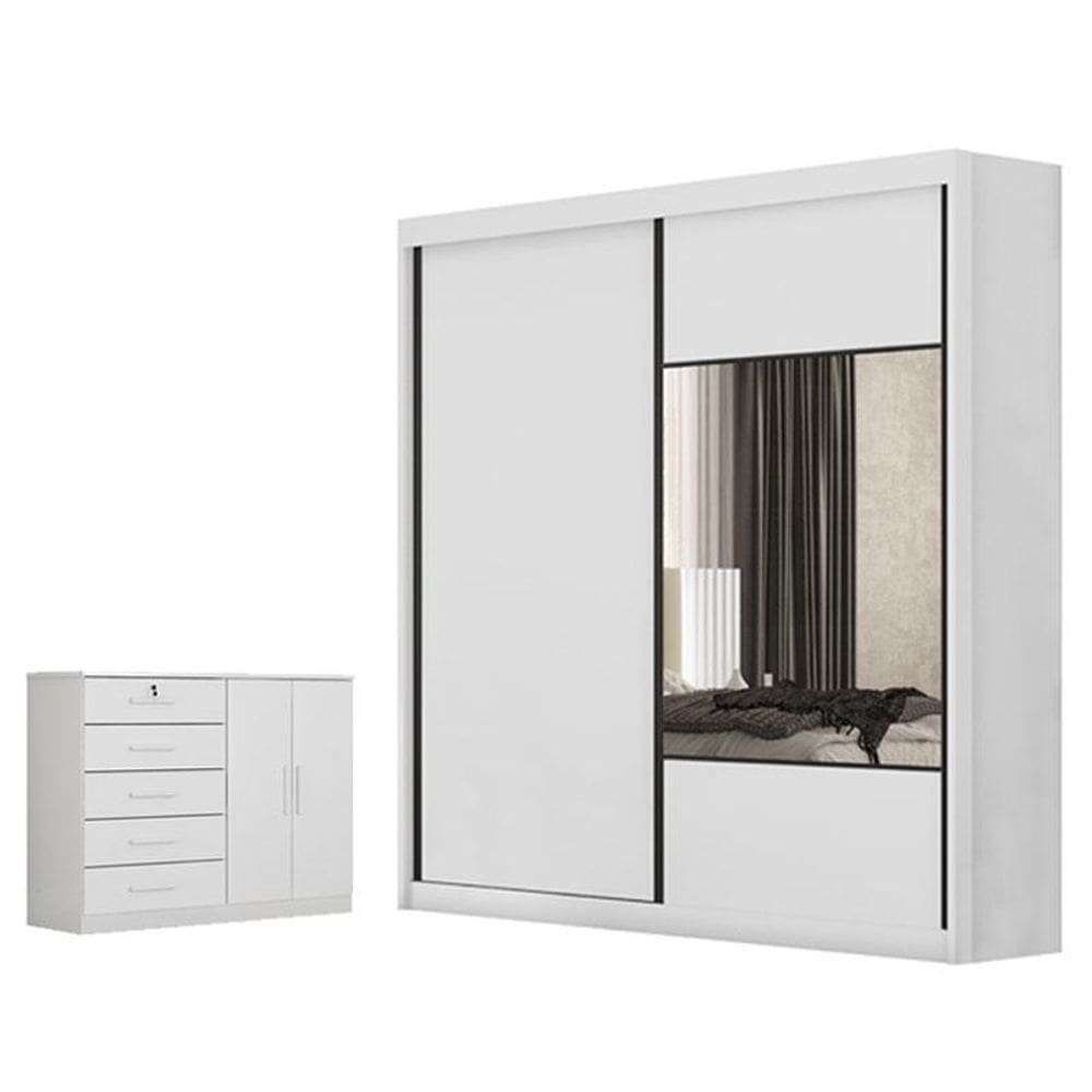 Guarda Roupa Casal Sienna com Espelho e Cômoda Seul Neve - Novo Horizonte