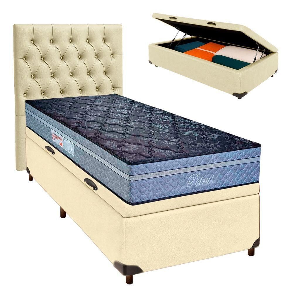 Kit Cama Box Bau + Cabeceira + Colchão Solteiro Molas Ensacadas - Petrus - Paropas