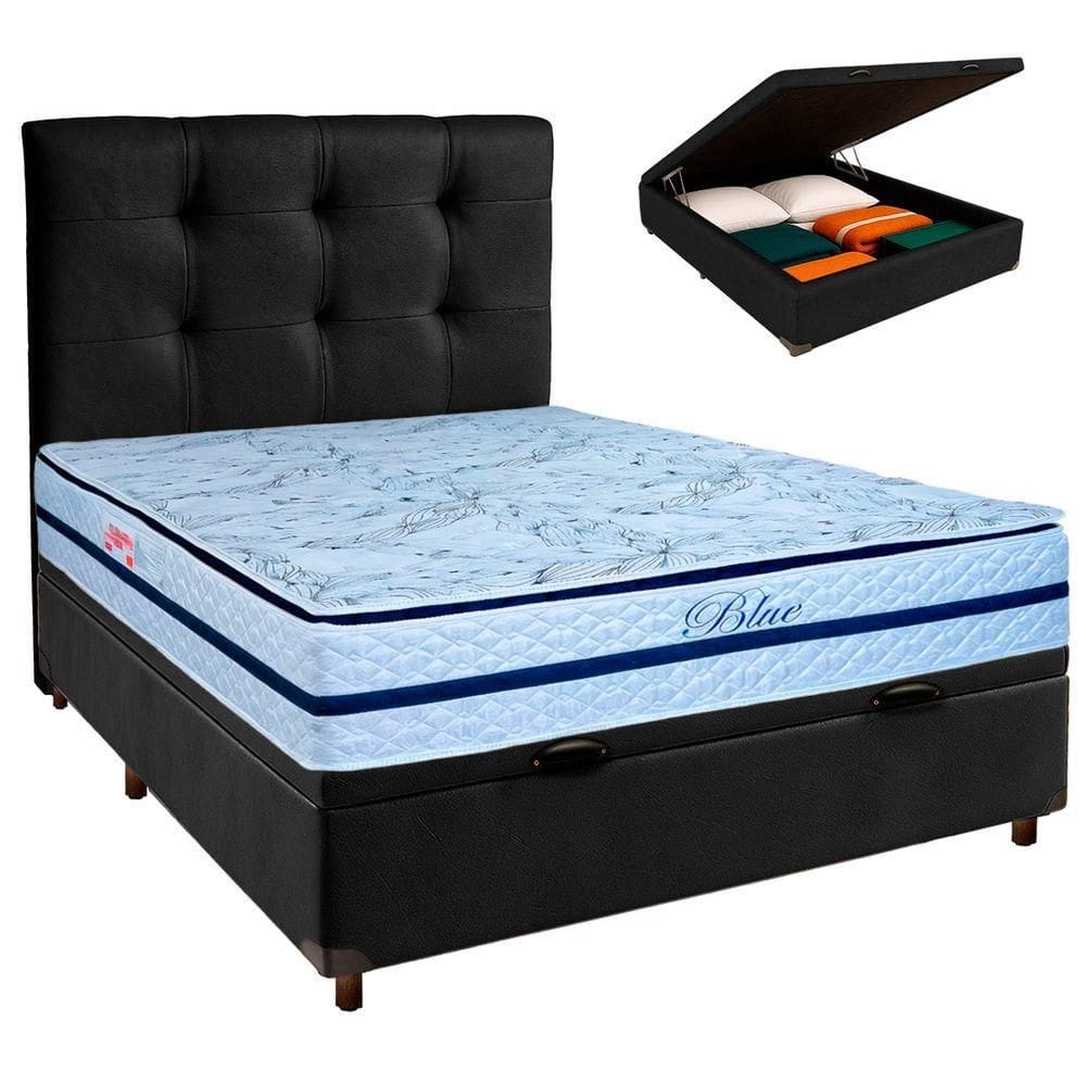 Cama Box Bau + Colchão Casal Molas Ensacadas Blue Paropas + Cabeceira Estofada