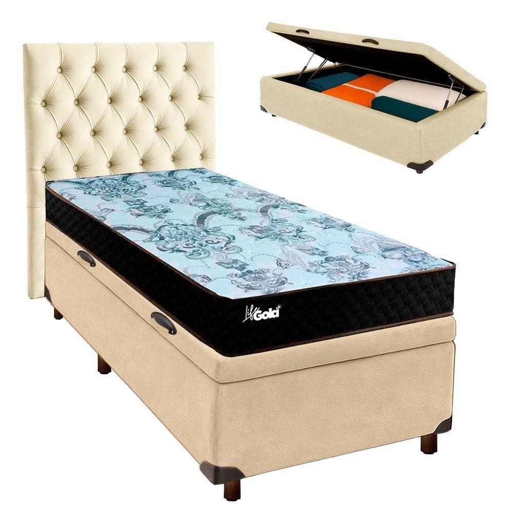 Kit Cama Box Bau + Cabeceira + Colchão Solteiro Molas Ensacadas - Life Gold - Paropas