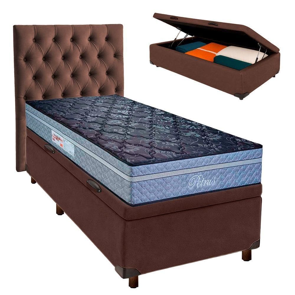 Kit Cama Box Bau + Cabeceira + Colchão Solteiro Molas Ensacadas - Petrus - Paropas