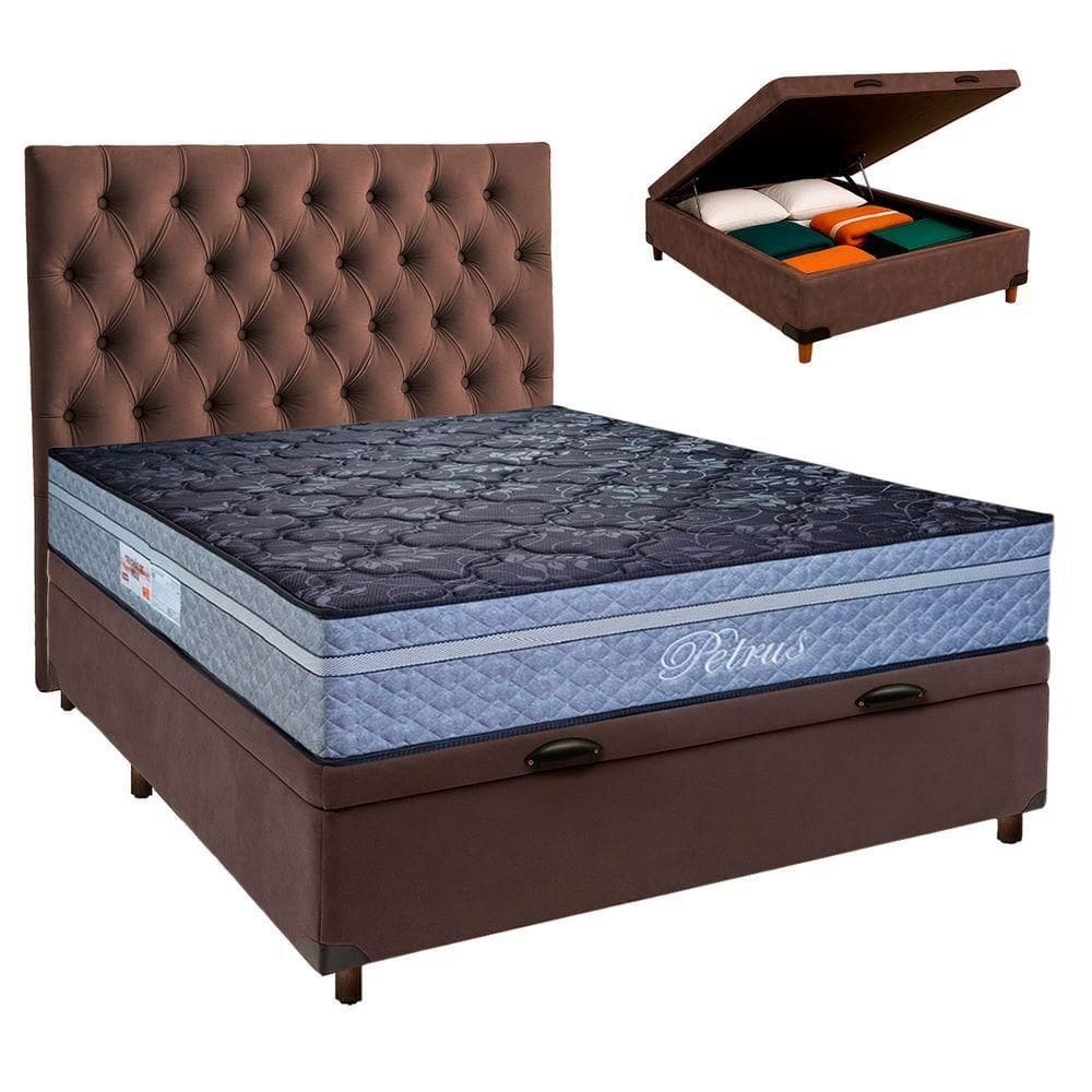 Conjunto Cama Box Bau Blindado Casal + Colchão Molas Ensacadas Petrus Paropas + Cabeceira