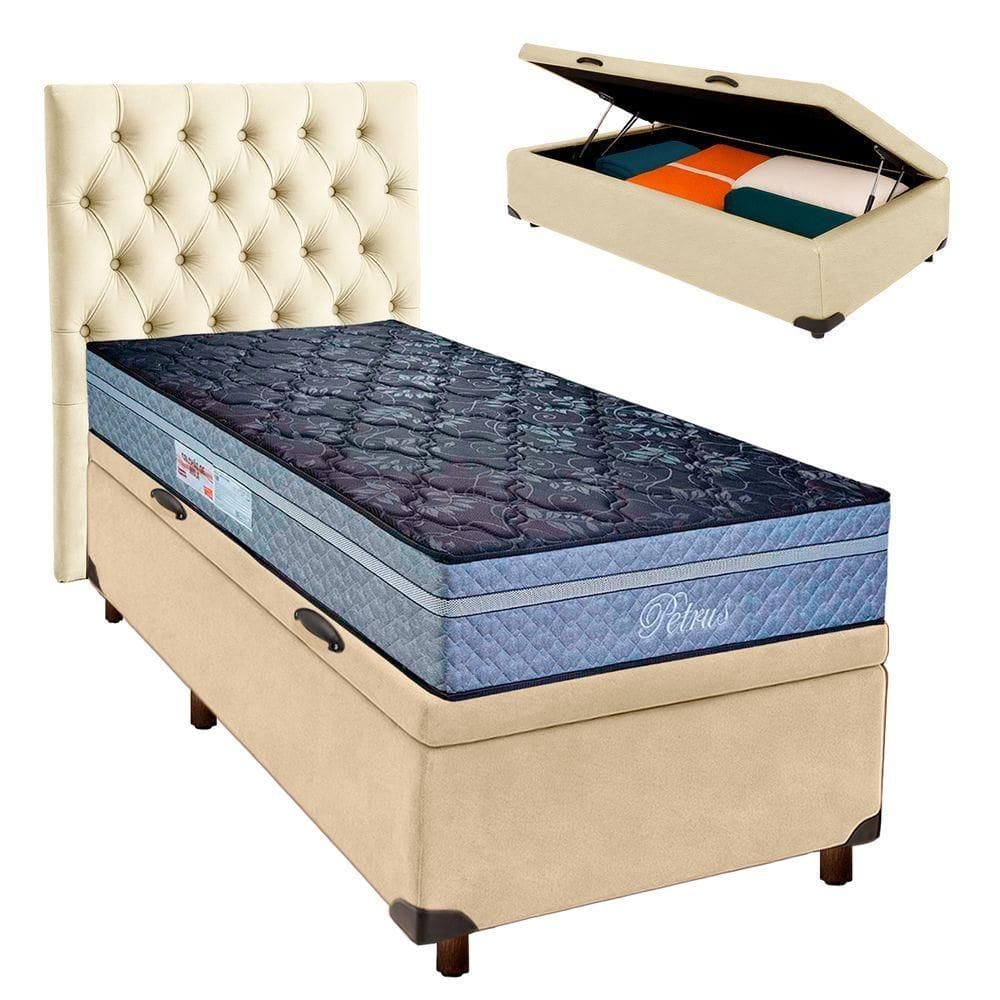 Kit Cama Box Bau + Cabeceira + Colchão Solteiro Molas Ensacadas - Petrus - Paropas