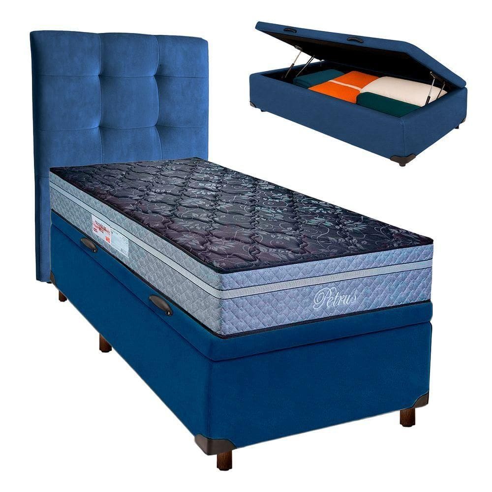 Kit Cama Box Bau + Cabeceira + Colchão Solteiro Molas Ensacadas - Petrus - Paropas