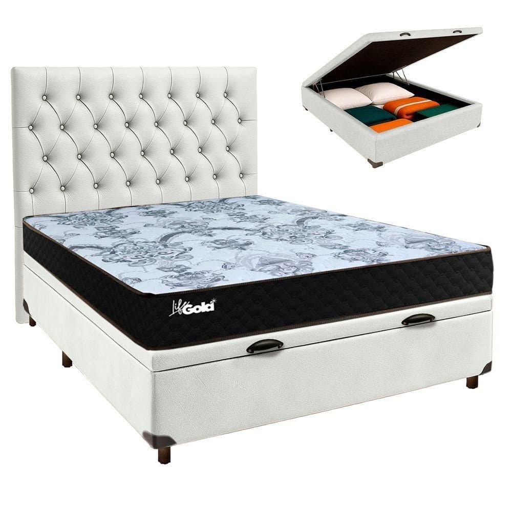 Kit Cama Box Bau + Cabeceira + Colchão Casal Molas Ensacadas - Life Gold - Paropas