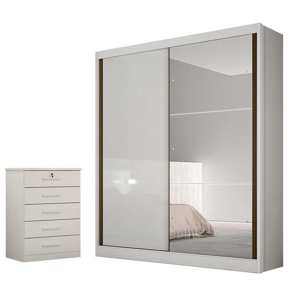 Guarda Roupa Solteiro Dante com Espelho e Gaveteiro Suiça Neve - Novo Horizonte