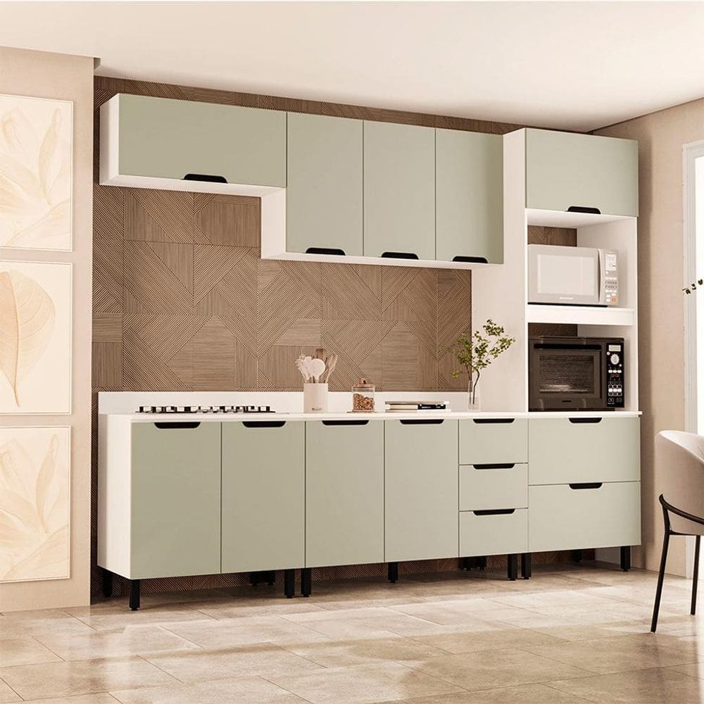 Cozinha Completa com Tampo Meena 10 Portas 4 Gavetas Verde e Branca