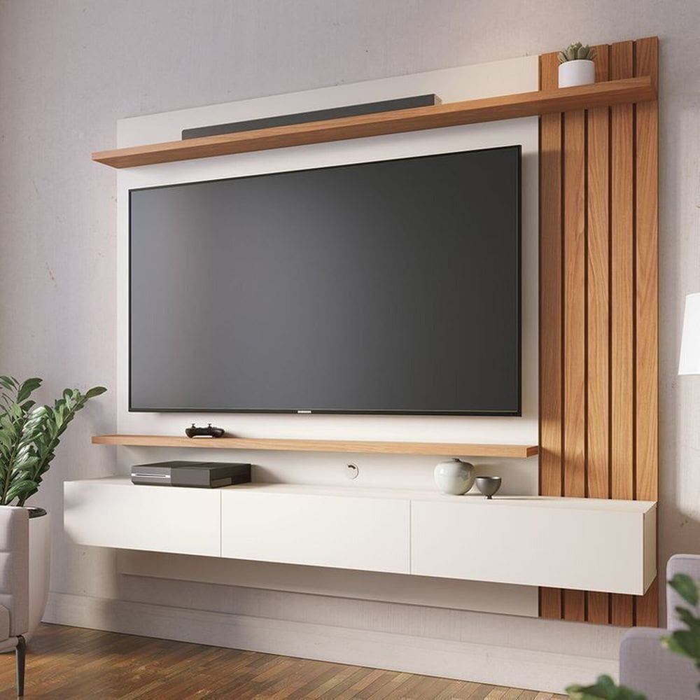 Rack com Painel para Tv 70 Polegadas Ripado 1 Cristaleira 2 Portas e 1 Buffet 4 Portas Off White Matte/Freijó