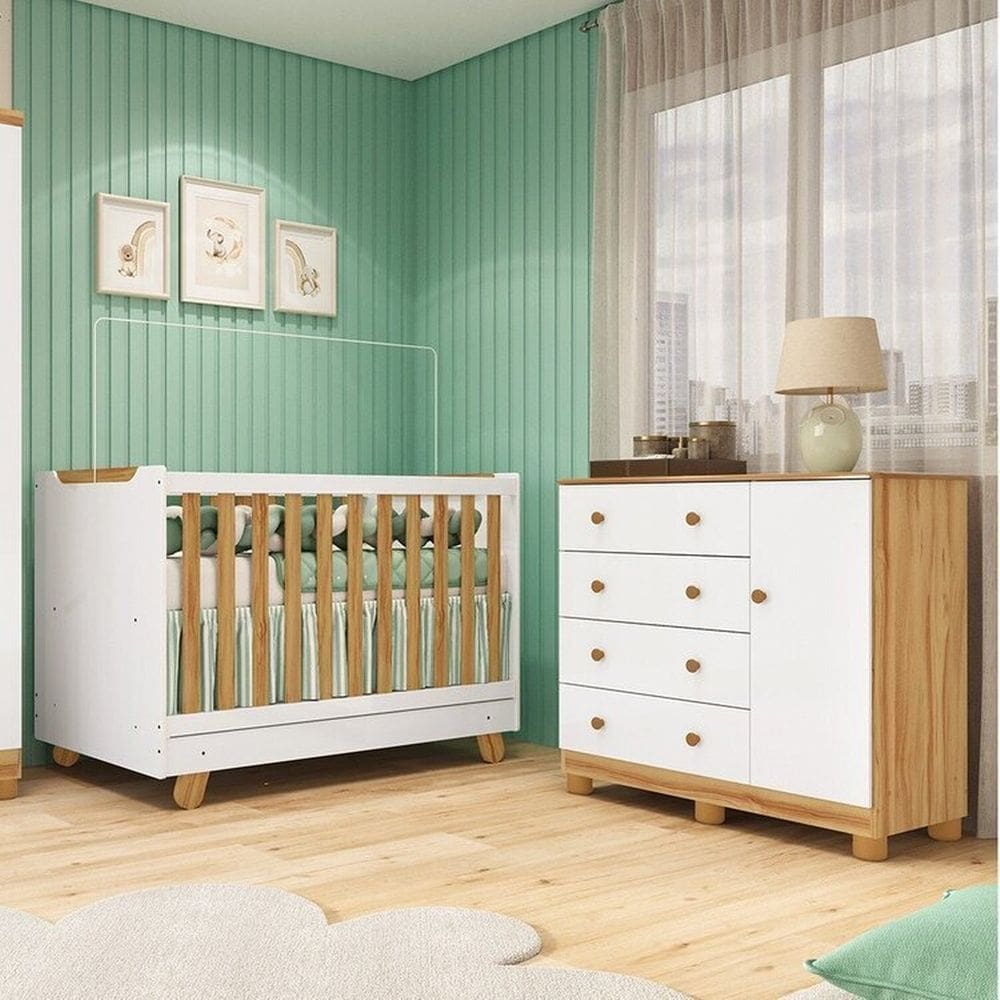 Quarto de Bebê com Cômoda 1 Porta e Berço 4 em 1 Minicama 100% Mdf Mike Espresso Móveis Branco Brilho/Amêndoa