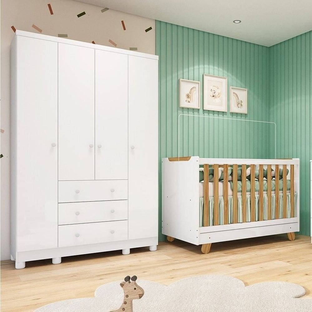 Quarto de Bebê com Guarda-roupa 4 Portas e Berço 4 em 1 Minicama 100% Mdf Mike Espresso Móveis Branco Brilho/Amêndoa