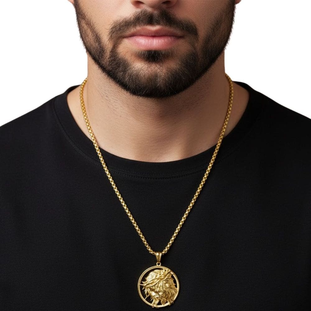 Colar Masculino Dourado Pingente Rosto Jesus Aço Inoxidável