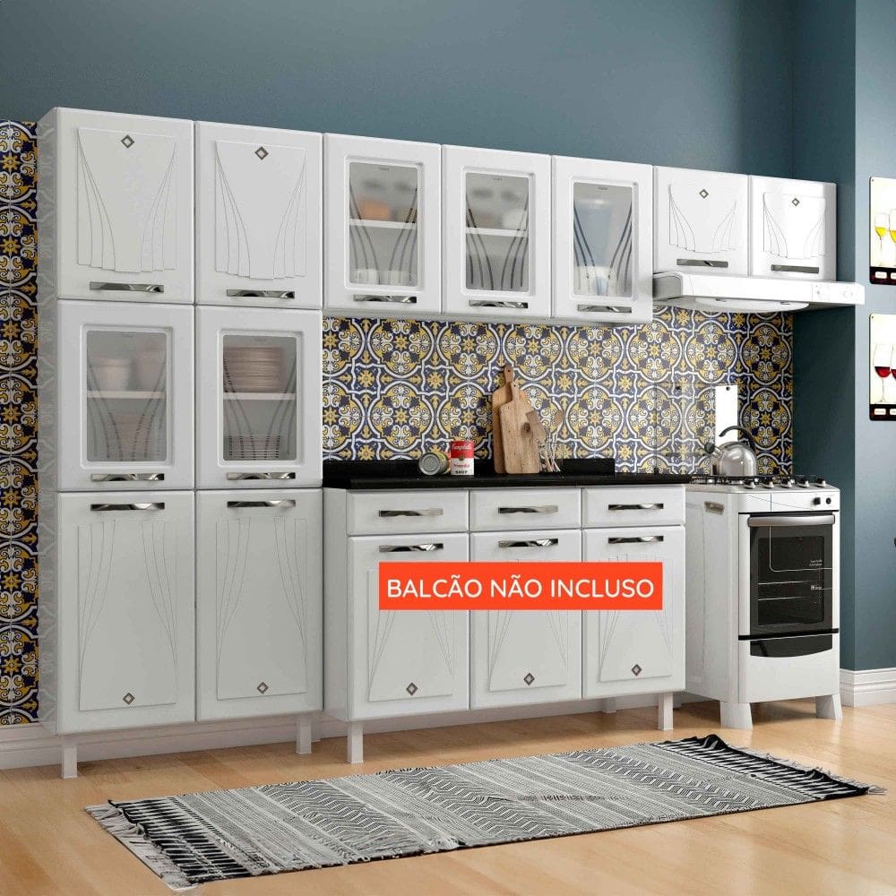 Armário de Cozinha Compacta de Aço Telasul Star C/ Vidro 3 Peças Branco - Telasul