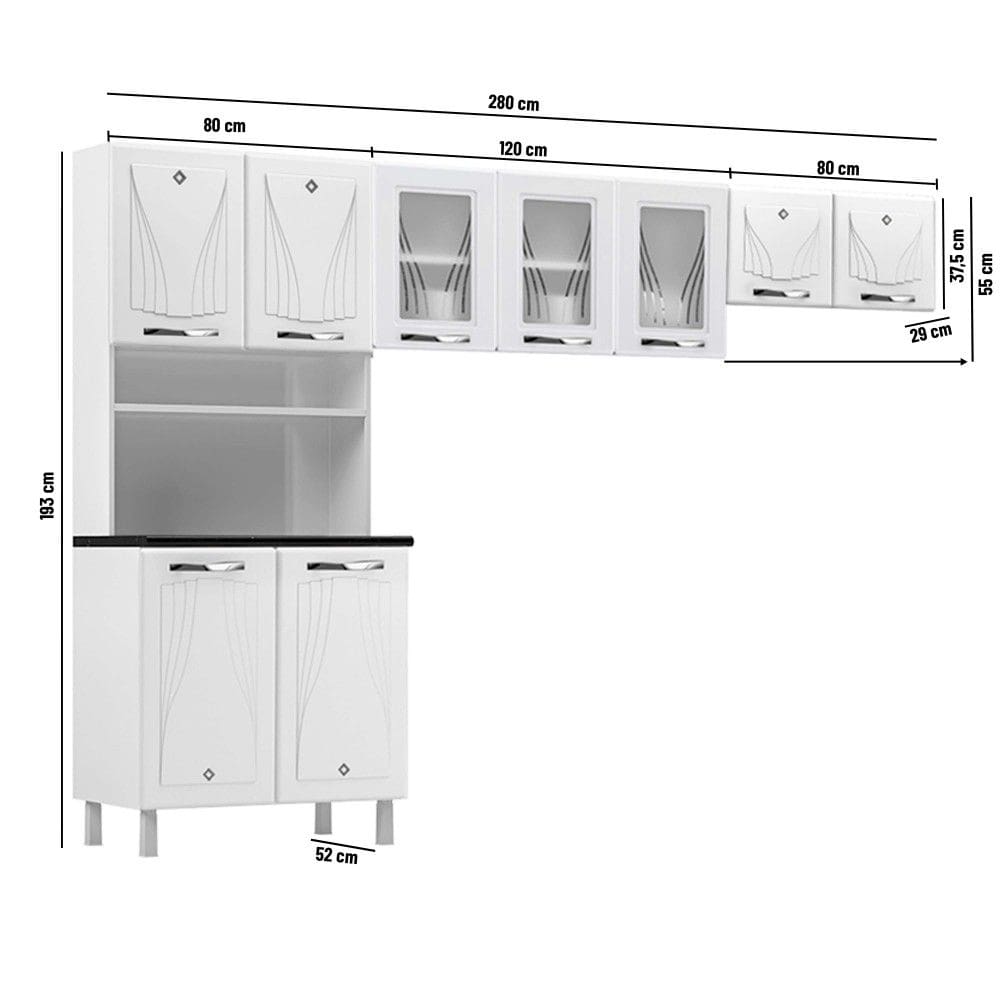 Armário de Cozinha Compacta de Aço Telasul Star C/ Vidro 3 Peças Branco - Telasul