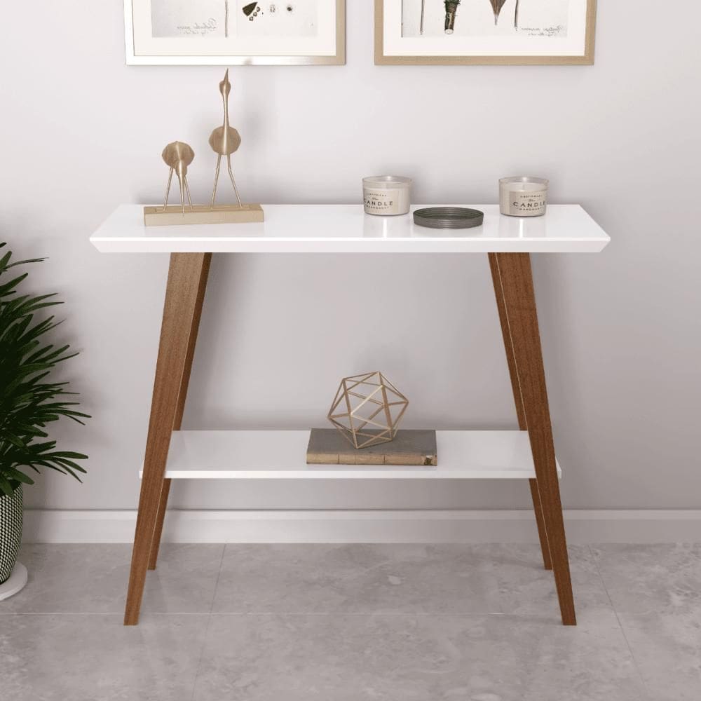 Aparador Caio 90x30 Tampo MDF 30mm pé em Madeira Branco/Amadeirado