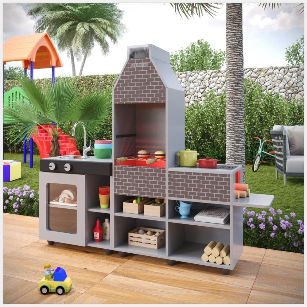 Churrasqueira Infantil Mini Chef Temática c/ Forno Grelha e Armários Cinza