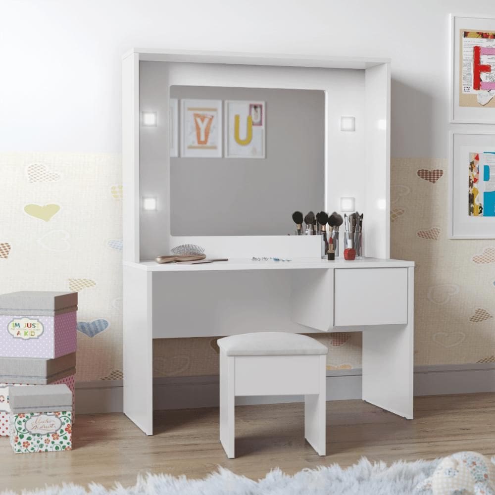 Penteadeira Infantil Helena Led e Banqueta Branca