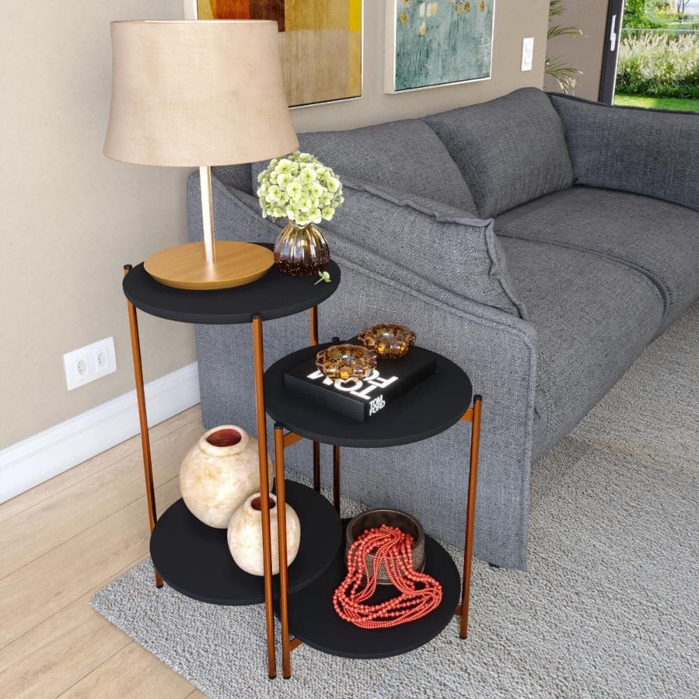 Conjunto Mesa de centro e Lateral Liora Preto com Pés de Ferro Bronze