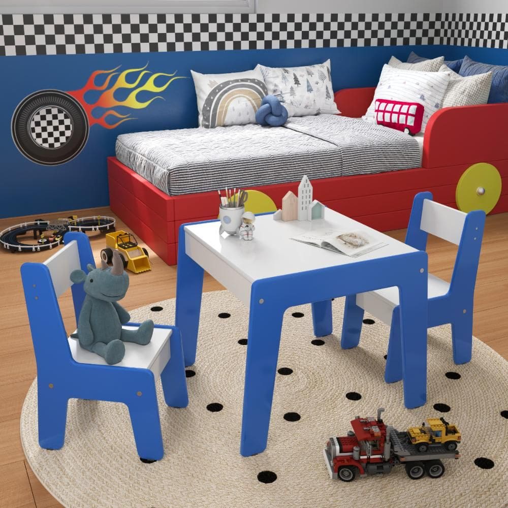 Conjunto Mesa Infantil 2 Cadeiras MDF Helena Branco Azul