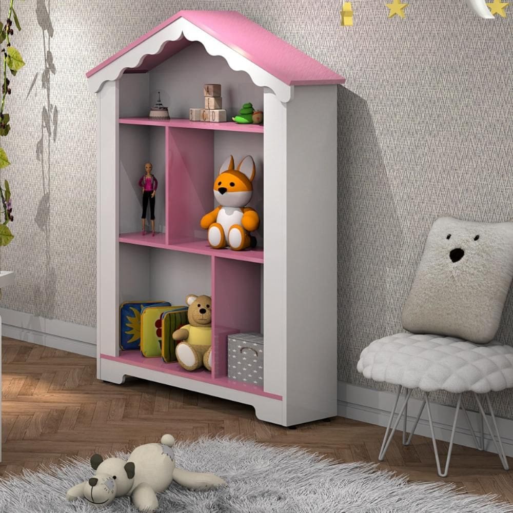 Estante Infantil Casinha Aura Branco Rosa Quarto Decoração