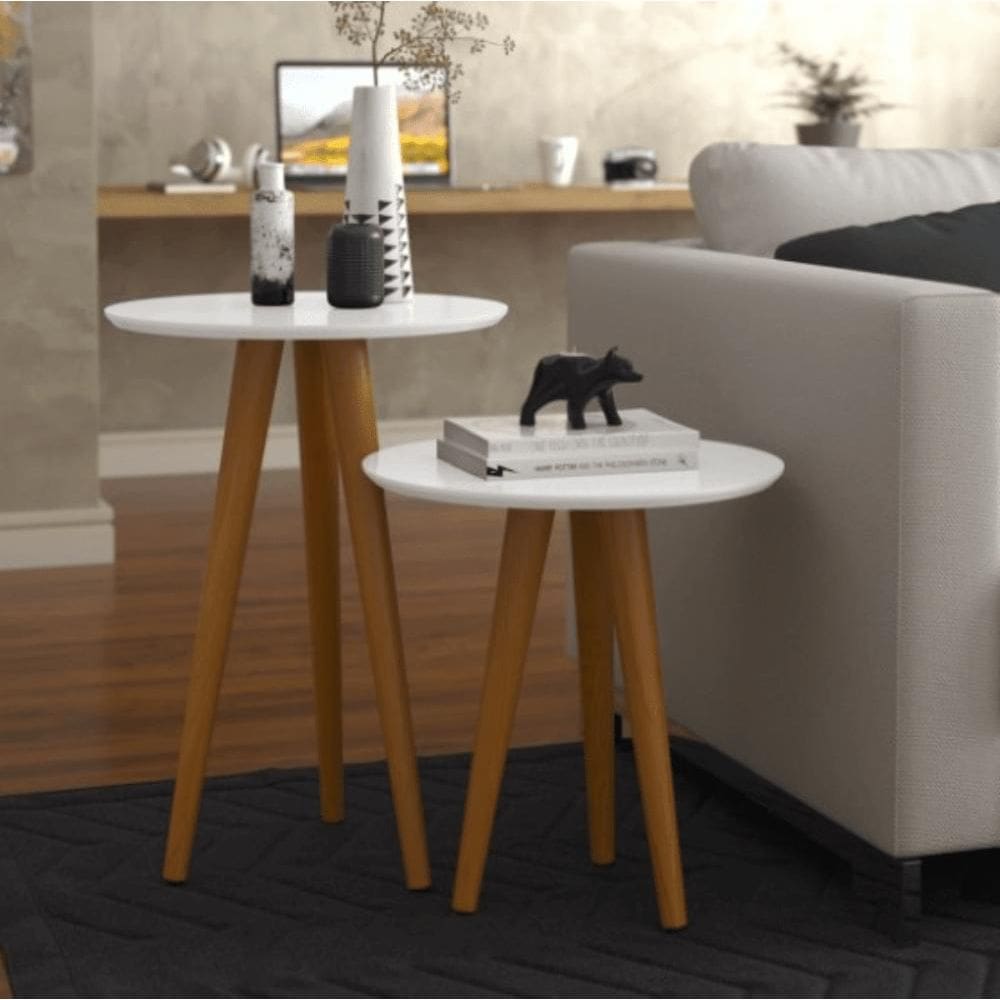 Conjunto 2 Mesas Laterais Pés Palito em Madeira 4301 Sala Branco