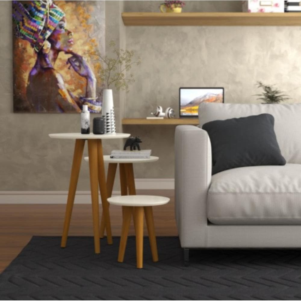 Conjunto 3 Mesas Laterais Pés Palito em Madeira 4305 Sala Off White