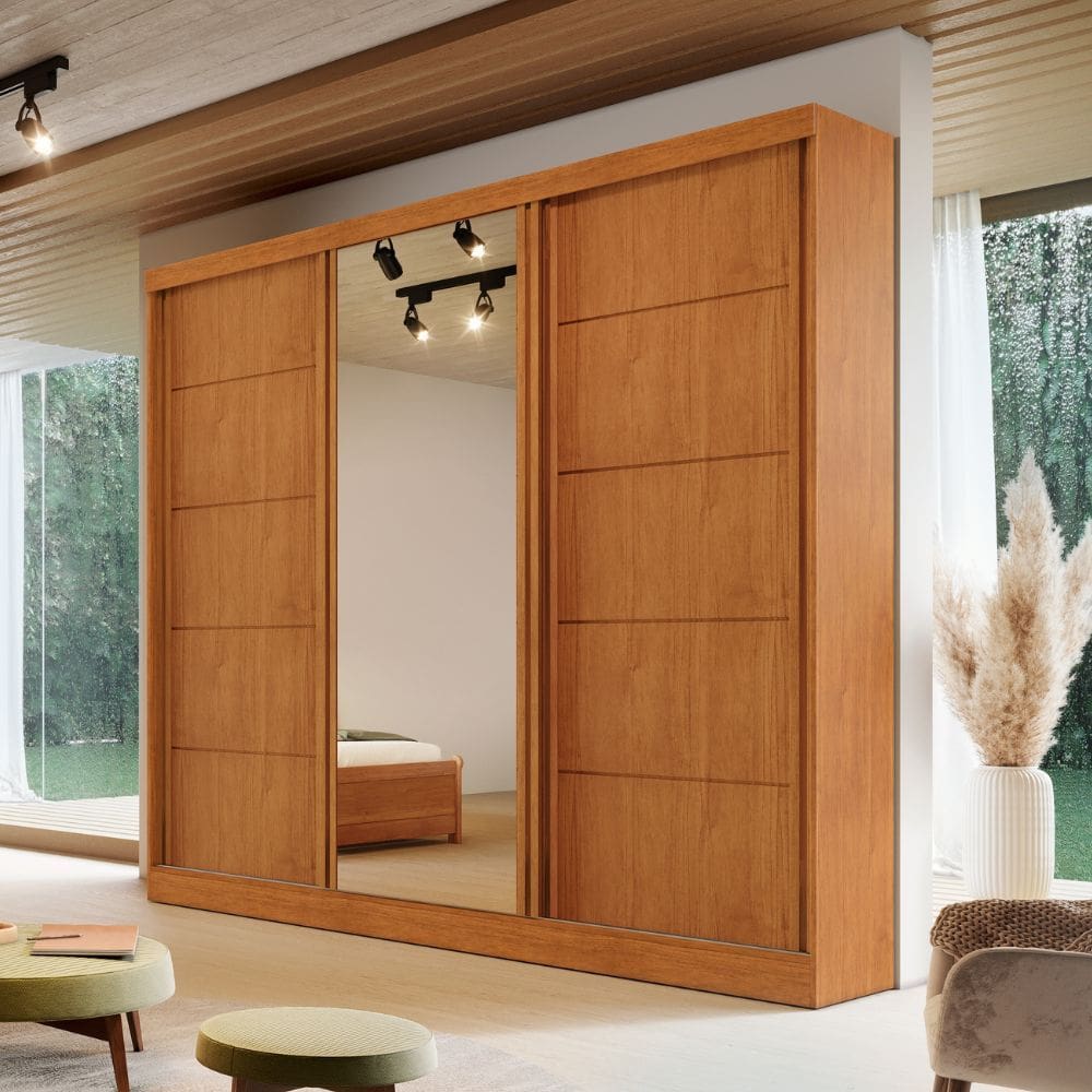 Guarda Roupa Casal com Espelho 3 Portas de Correr em MDF Capri Bianchi