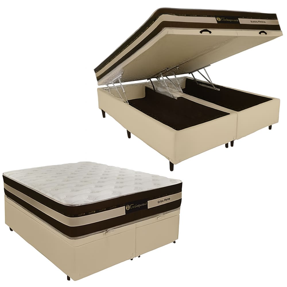 Cama Box Baú Queen Sintético + Colchão Esplendor Molas Ensacadas Luckspuma 158x198x75