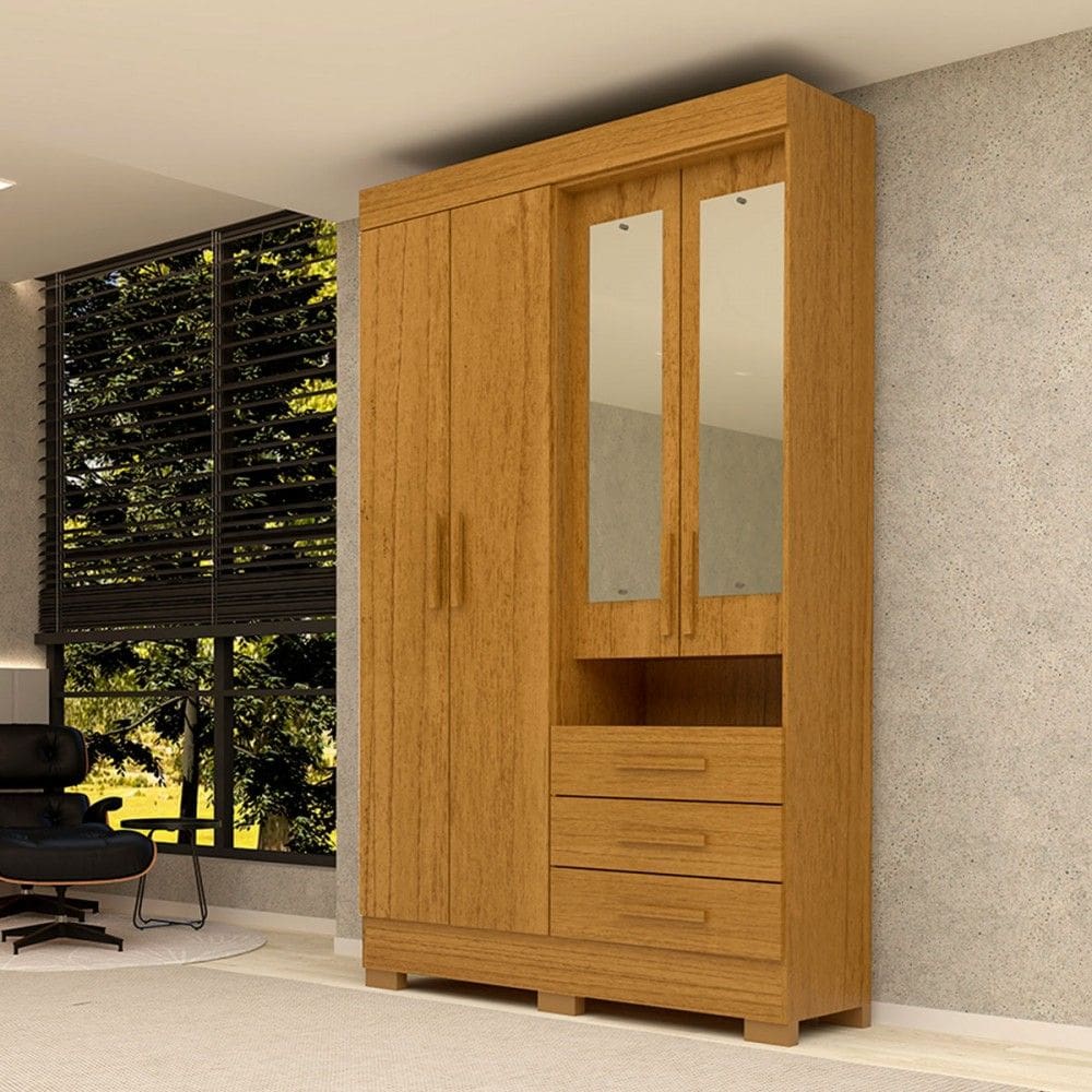 Guarda-Roupa Solteiro Débora Capelinha 4 Portas 3 Gavetas com Espelho 100% Mdf Cinamomo - Acp Móveis