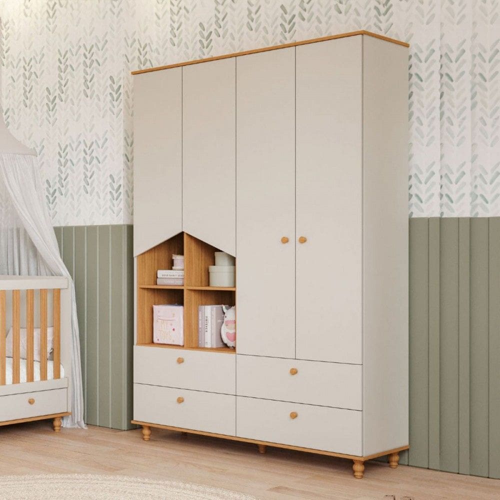 Guarda-Roupa de Bebê Casinha 4 Portas 4 Gavetas 100% Mdf Off White/Natural - Permóbili