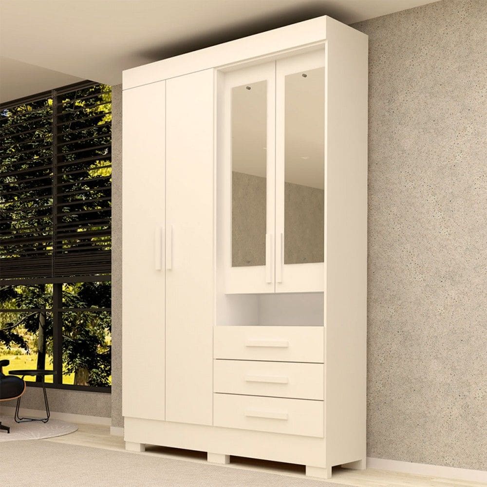 Guarda-Roupa Solteiro Débora Capelinha 4 Portas 3 Gavetas com Espelho 100% Mdf Branco - Acp Móveis