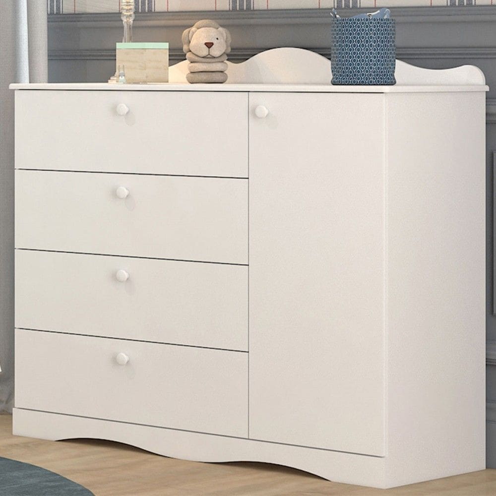 Cômoda de Bebê Encanto 1 Porta 4 Gavetas 100% Mdf Branco - Permóbili