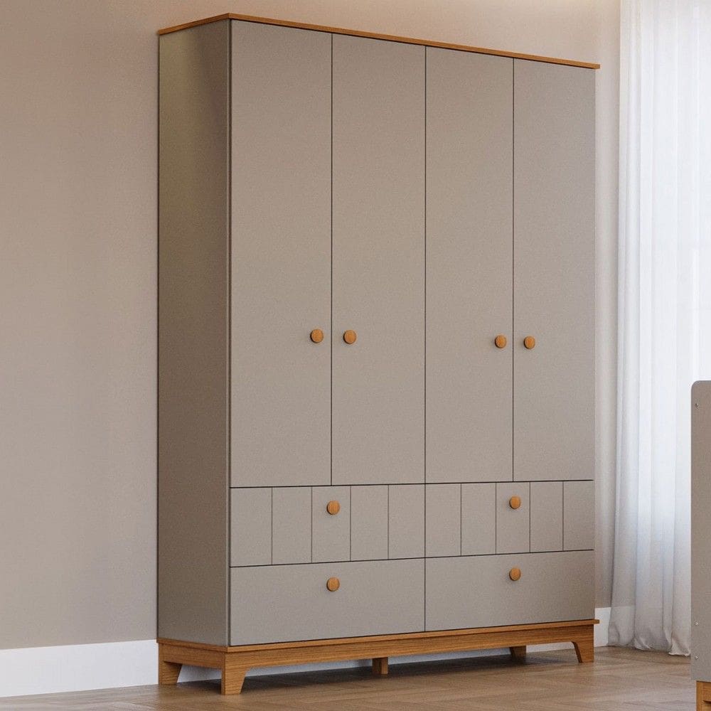 Guarda-Roupa de Bebê Biscoito 4 Portas 4 Gavetas Marrom Claro/Natural - Permóbili