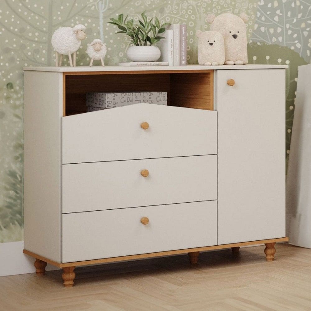 Cômoda de Bebê Casinha 1 Porta 3 Gavetas 100% Mdf Off White/Natural - Permóbili