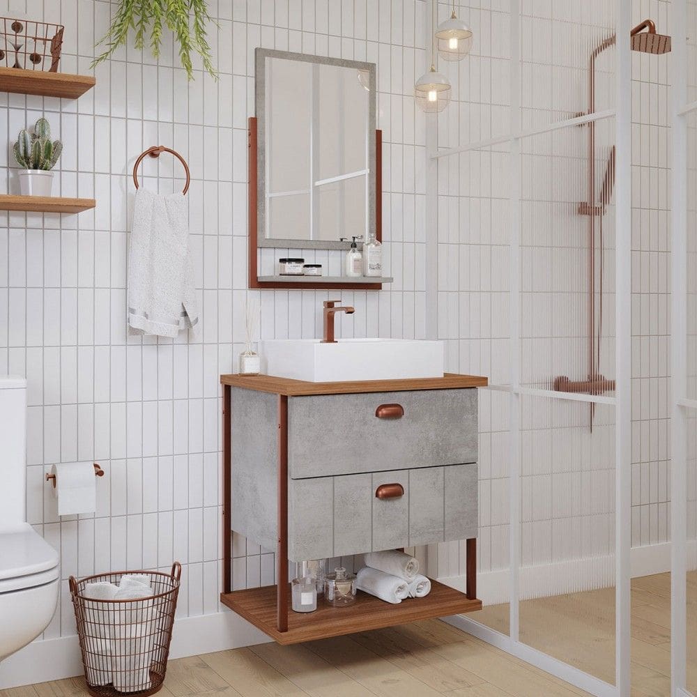 Armário de Banheiro Uni 60cm 2 Gavetas C/ Espelheira 100% Mdf Cimento/Freijó - Mgm Móveis