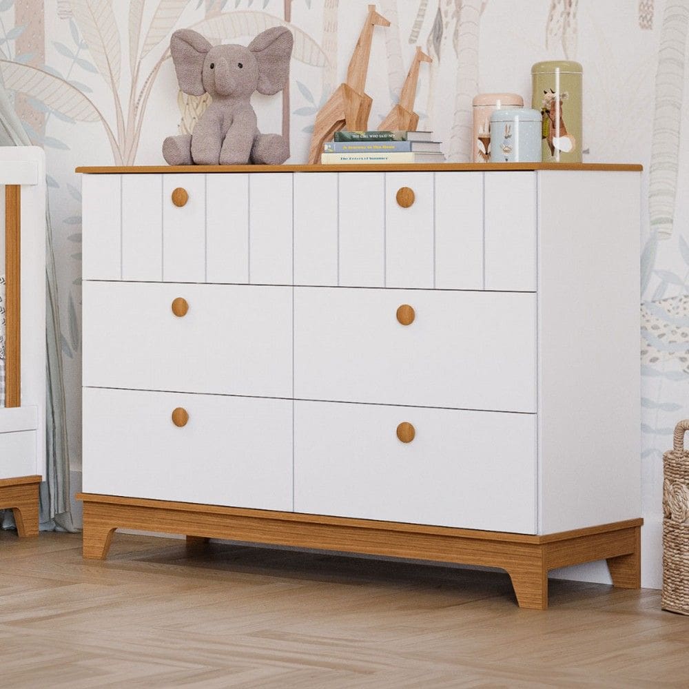 Cômoda de Bebê Biscoito 6 Gavetas 100% Mdf Branco Acetinado/Natural - Permóbili