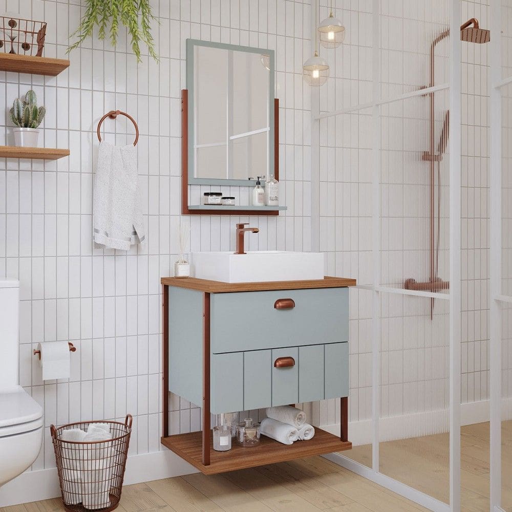 Armário de Banheiro Uni 60cm 2 Gavetas C/ Espelheira 100% Mdf Pistache/Freijó - Mgm Móveis