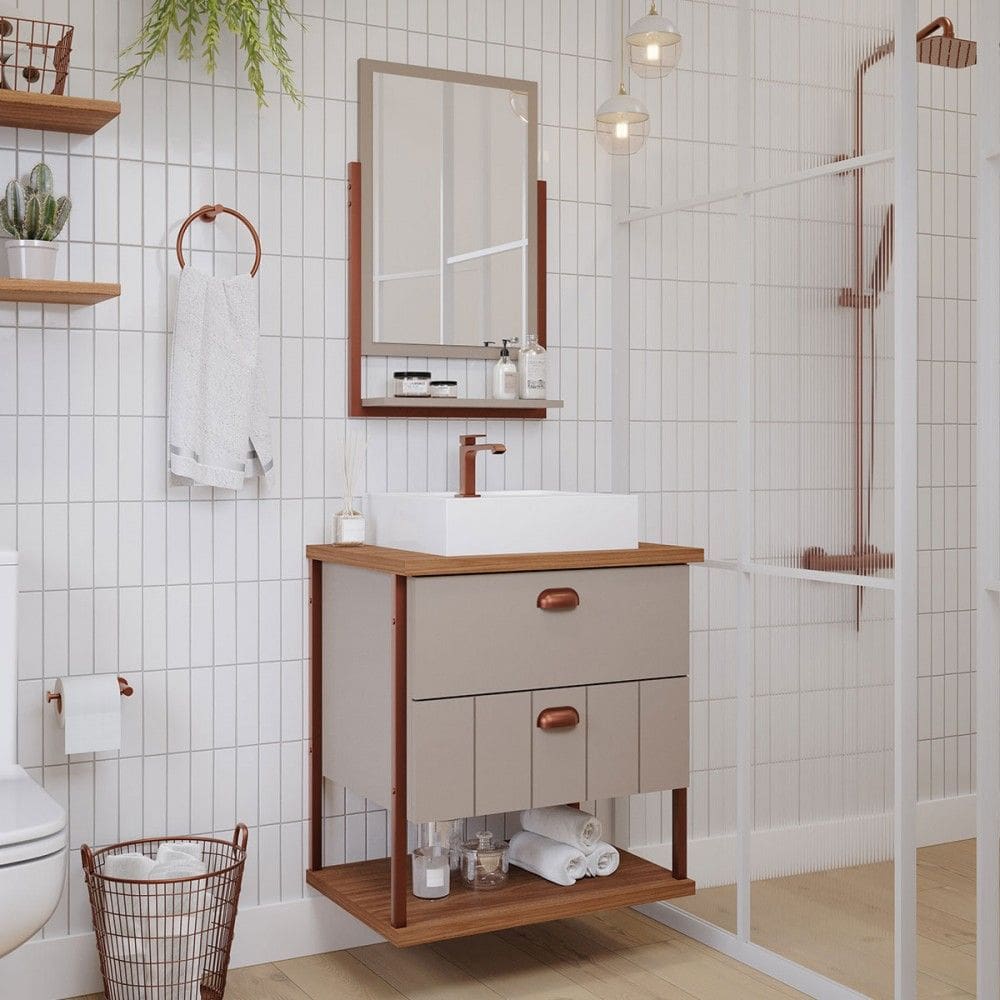 Armário de Banheiro Uni 60cm 2 Gavetas C/ Espelheira 100% Mdf Cappuccino/Freijó - Mgm Móveis