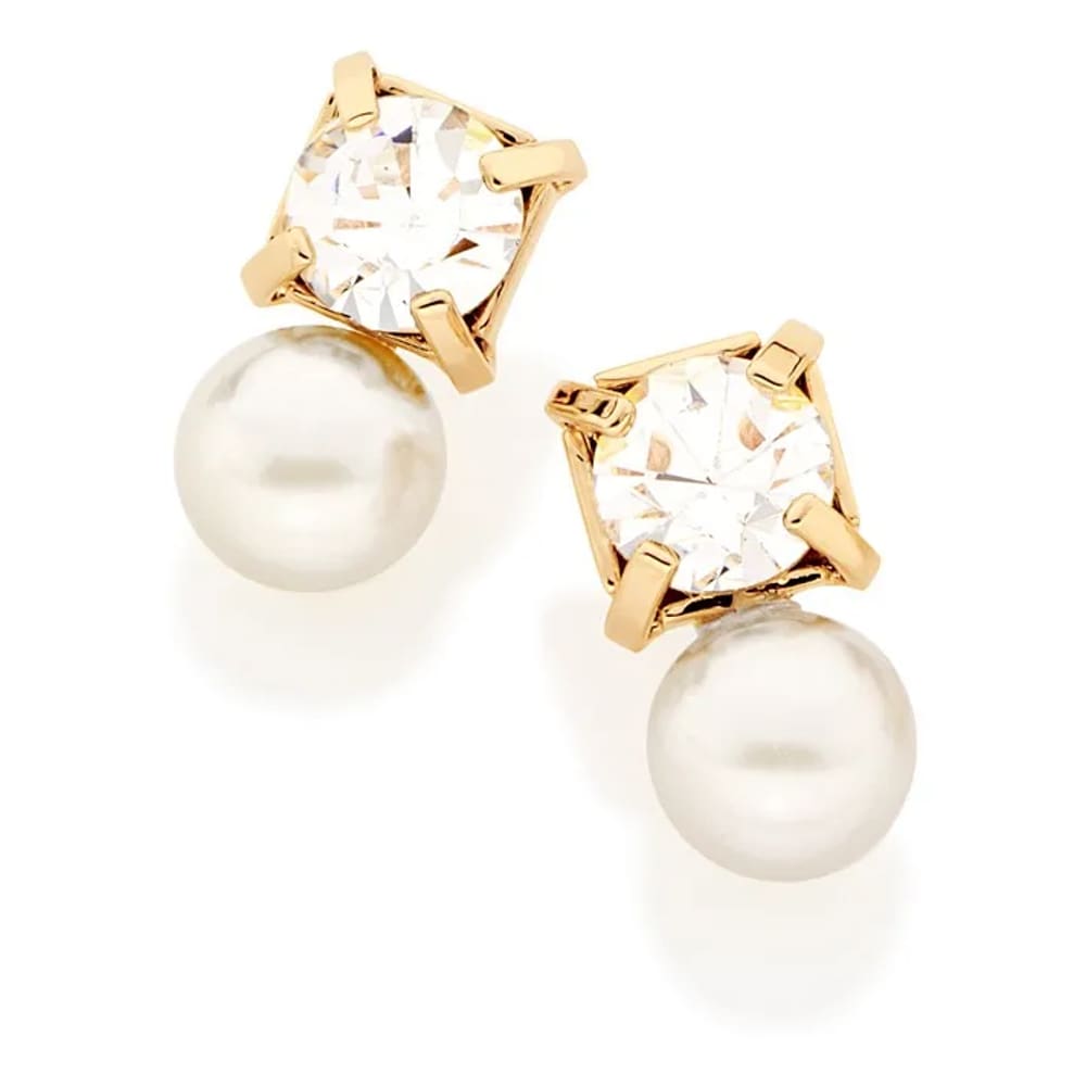 Brinco Banhado a Ouro 18k c/ Cristal e Perolas Antialérgico