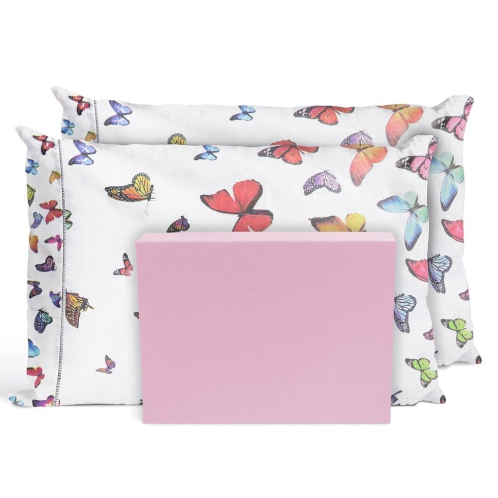 Jogo De Lençol Casal Padrão 3 Peças 200 Fios Borboletas Rosa