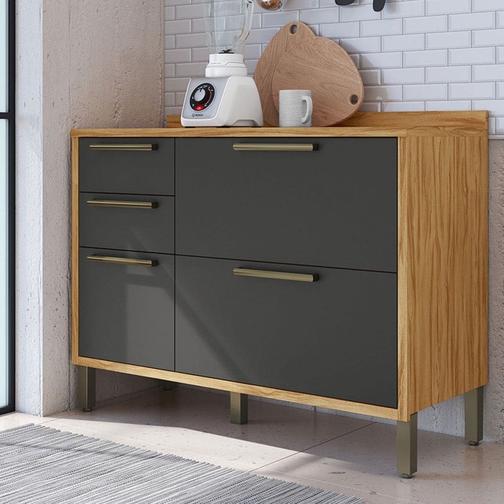 Balcão de Cozinha 120 Cm Syrah 2 Portas 3 Gavetas 100% Mdf Amêndoa/Cinza - Rio Doce