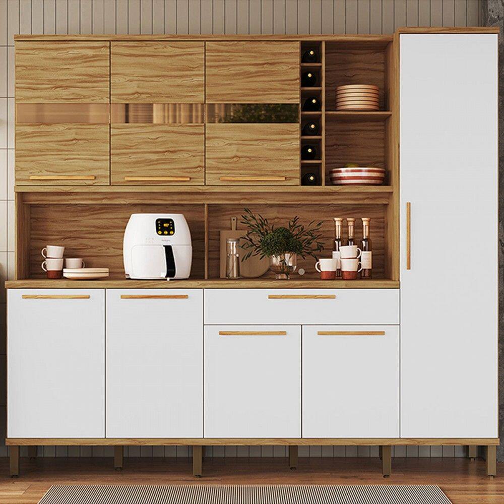 Cozinha Compacta Touriga 8 Portas 1 Gaveta 100% Mdf com Vidro Amêndoa/Branco - Rio Doce