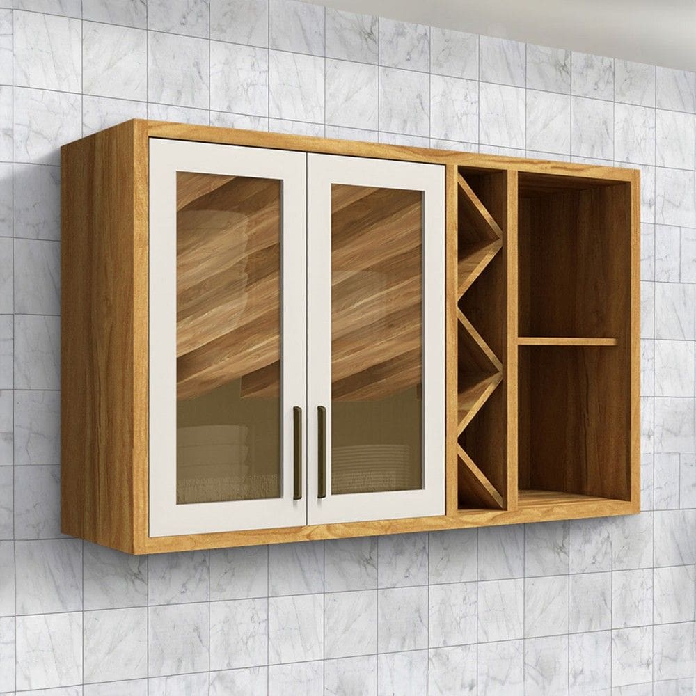Armário Aéreo de Cozinha 120 Cm Tempranillo 2 Portas com Vidro 100% Mdf Amêndoa/Off White - Rio Doce