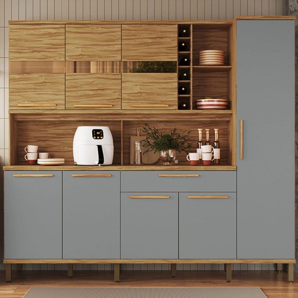 Cozinha Compacta Touriga 8 Portas 1 Gaveta 100% Mdf com Vidro Amêndoa/Cinza - Rio Doce
