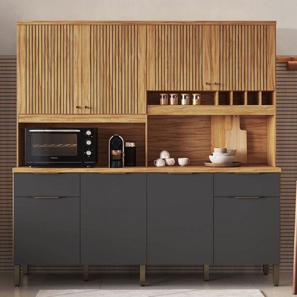 Cozinha Compacta Concord 8 Portas 2 Gavetas 100% Mdf Amêndoa/Cinza - Rio Doce