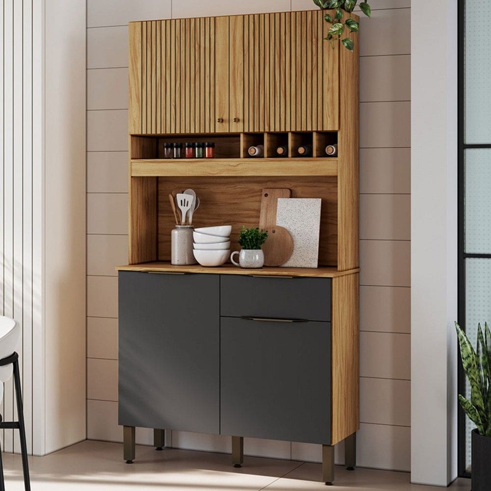 Cozinha Compacta Moscato 1 Gaveta 4 Portas 100% Mdf Amêndoa/Cinza - Rio Doce