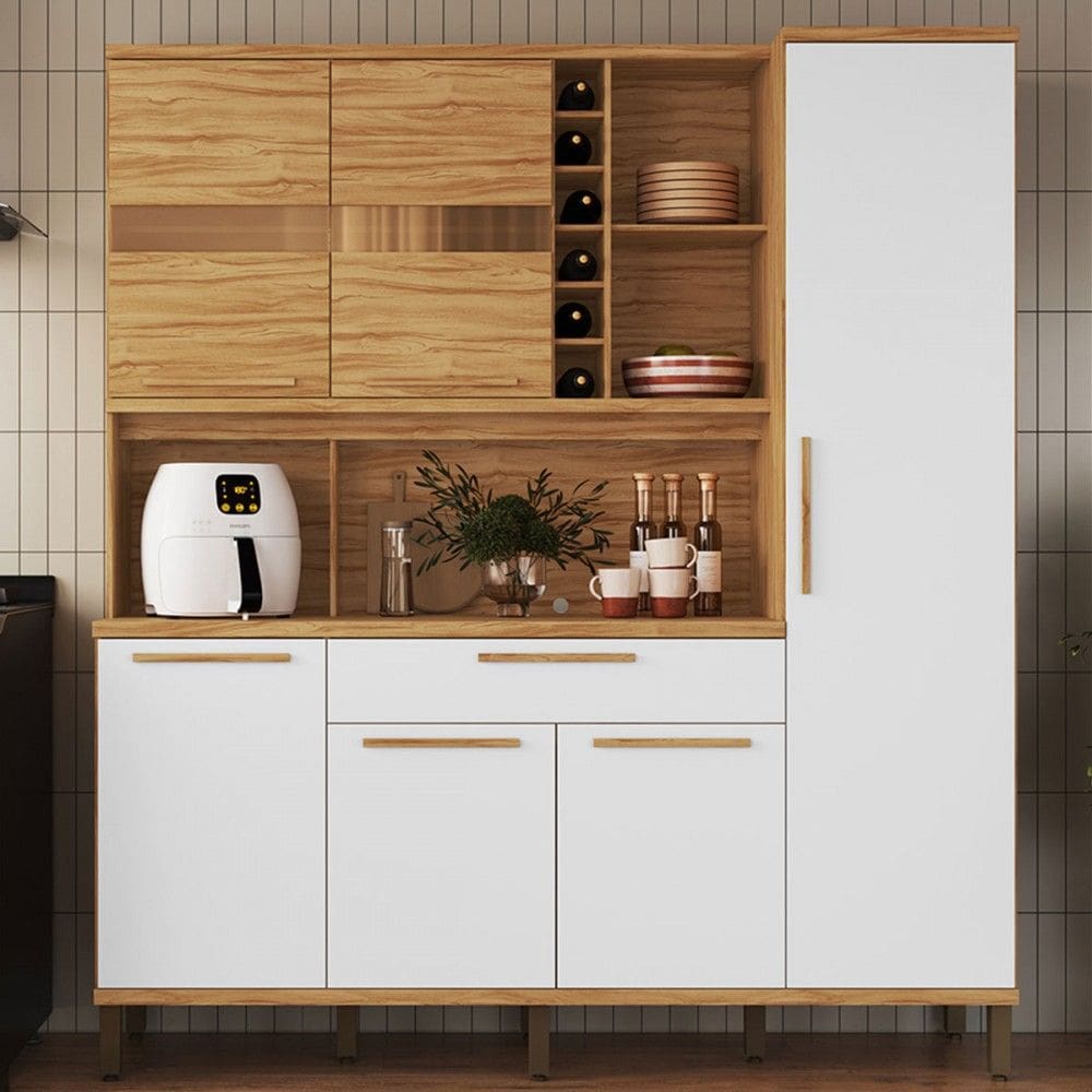 Cozinha Compacta Touriga 6 Portas 1 Gaveta 100% Mdf com Vidro Amêndoa/Branco - Rio Doce