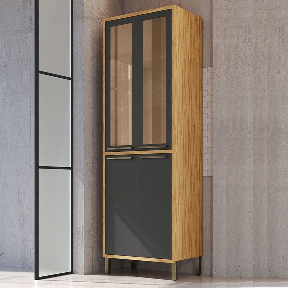 Paneleiro Syrah 4 Portas 4 Prateleiras com Vidro 100% Mdf Amêndoa/Cinza - Rio Doce